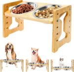 Raised Dog Bowls Stand Set 5 Height Adjustable Raised Cat Food Bowl Kit with 2 Thick Stainless Steel Dog Food Bowls Anti-Slip Wood Dogs Bowl Kit Wood Cat and Feeder for Your Pets - Image 2