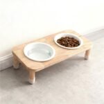 Raised Pet Feeder with Oak Stand - Ergonomic 350 ml Ceramic Double Bowl Set for Small Dogs & Cats (Oak Stand & 2 White Bowls) - Image 2
